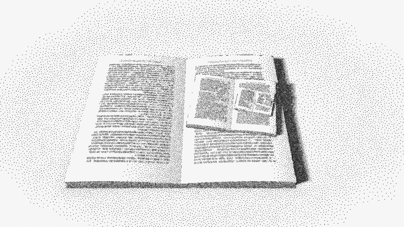 An open book lying on a table; on its right-hand page lies a smaller copy of the same open book, and on that page a smaller one again, receding until the copies are too small to see.