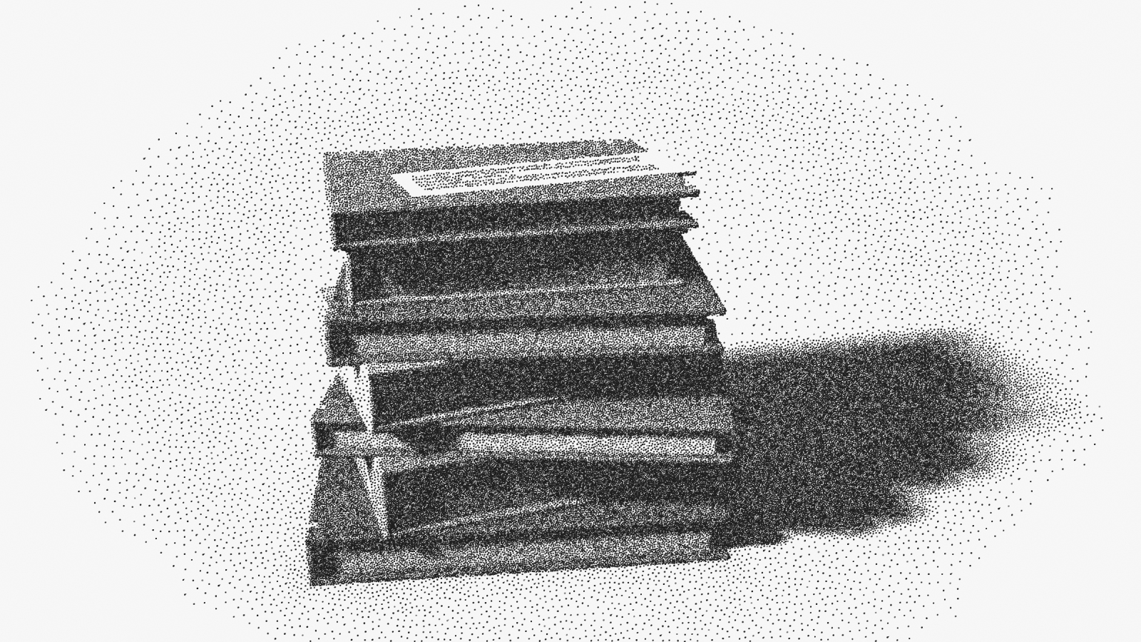 A single slip of printed paper resting on top of a tall stack of seven older books.