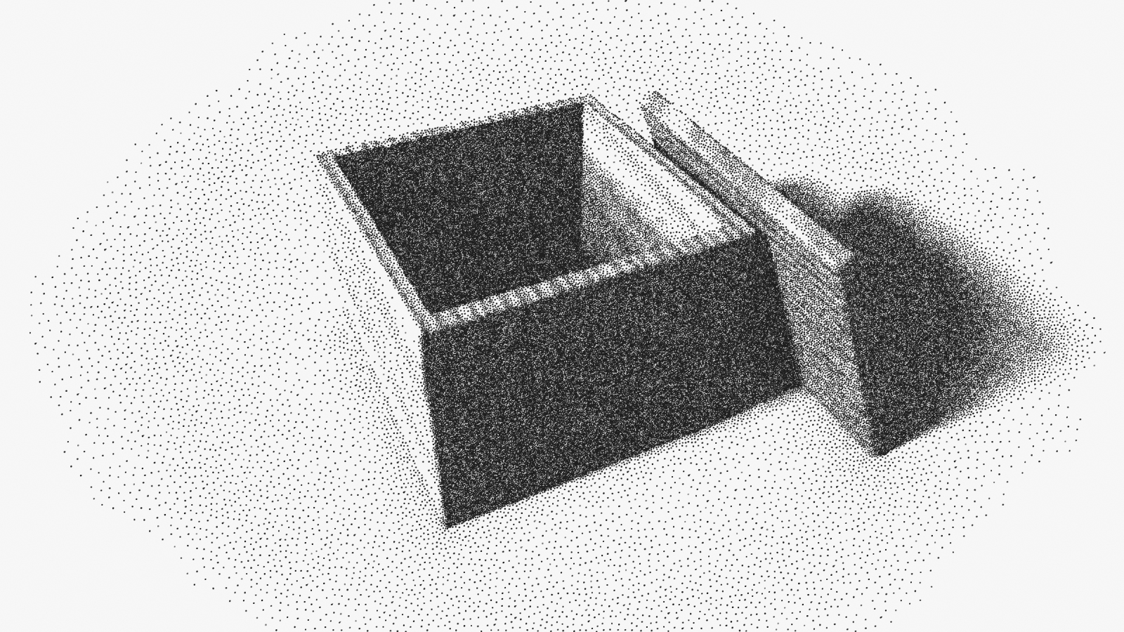 An open wooden box with nothing inside it, its lid leaning against its side.