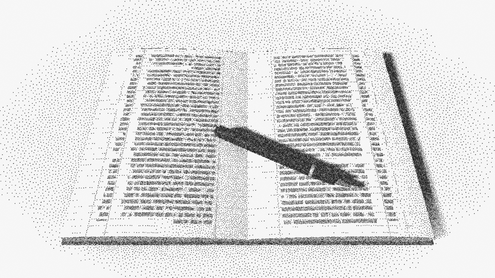 An open account ledger, its ruled columns filled with entries, a fountain pen lying across it.