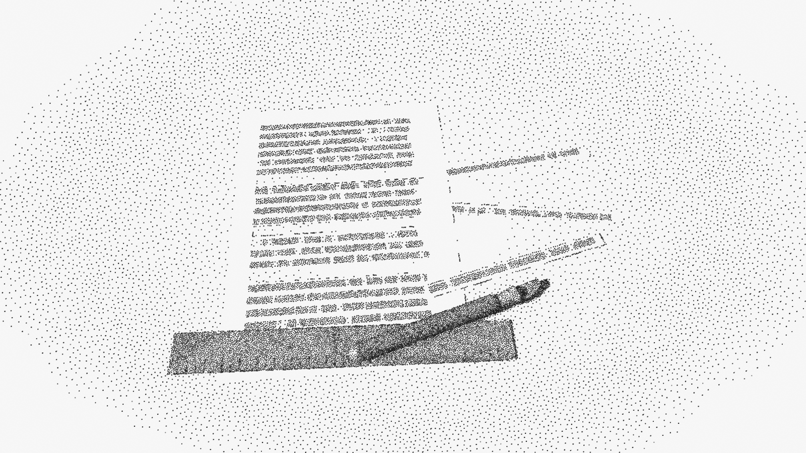 A printed page with three lines cut out of it, the cut strips lying beside it, a craft knife and a steel rule.