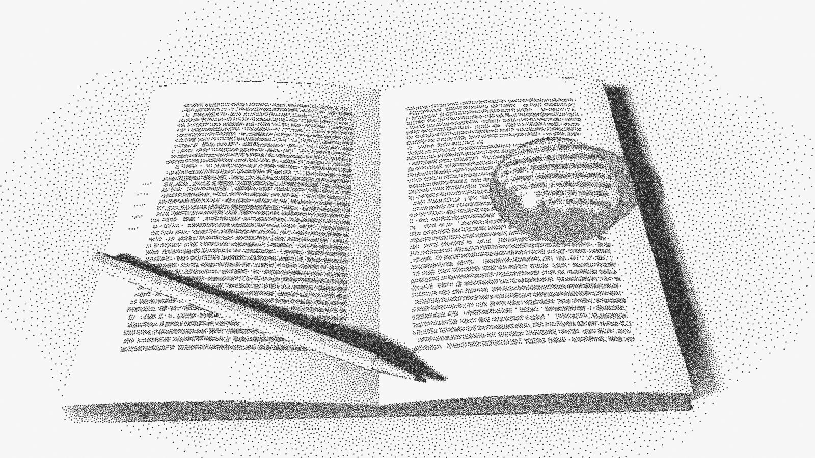 An open book with a glass reading stone resting on one page, magnifying a passage; a pencil lies across the other page beside marks in the margin.