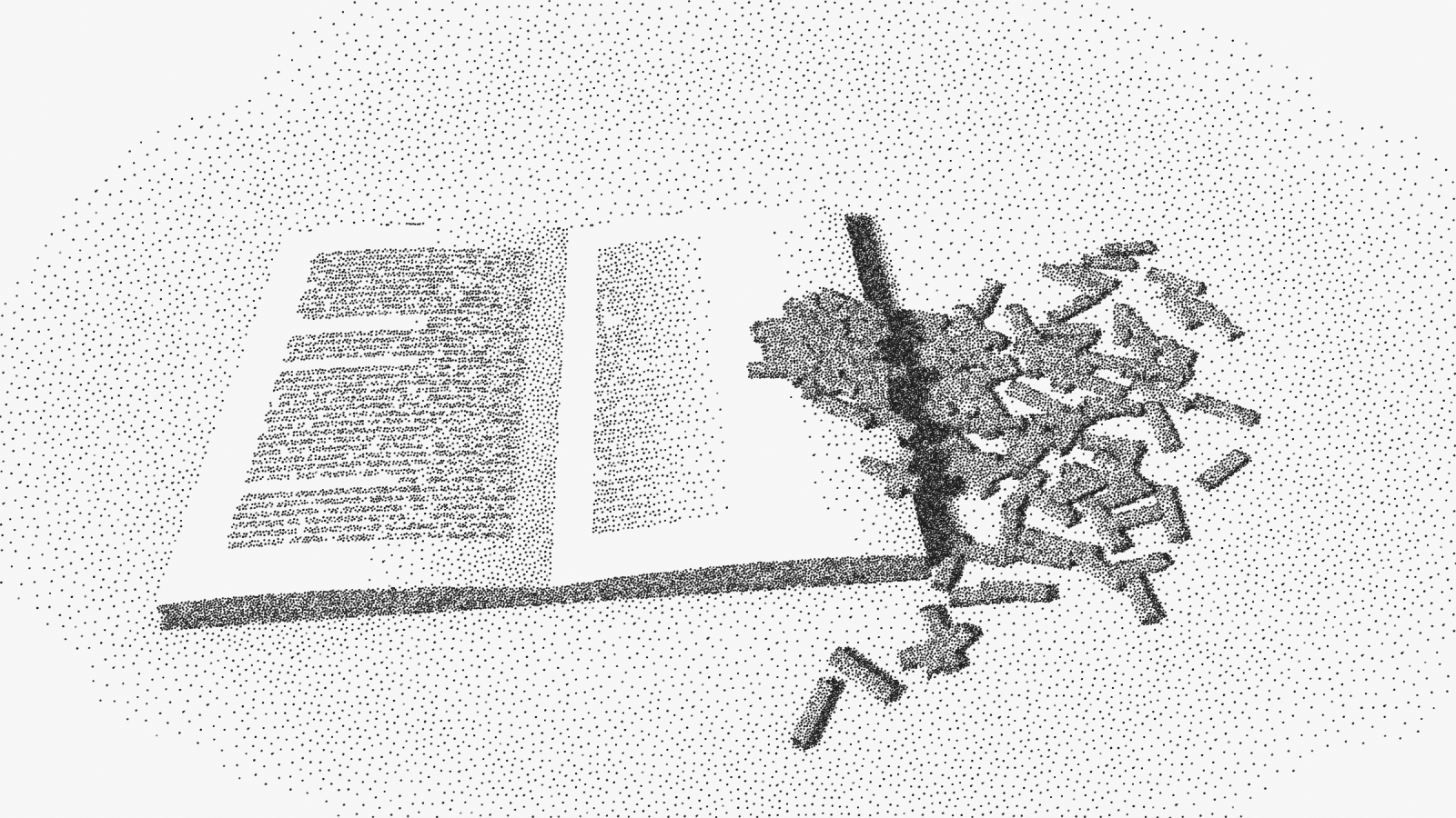 An open book whose right-hand page breaks up into loose metal type sorts that spill across the table.