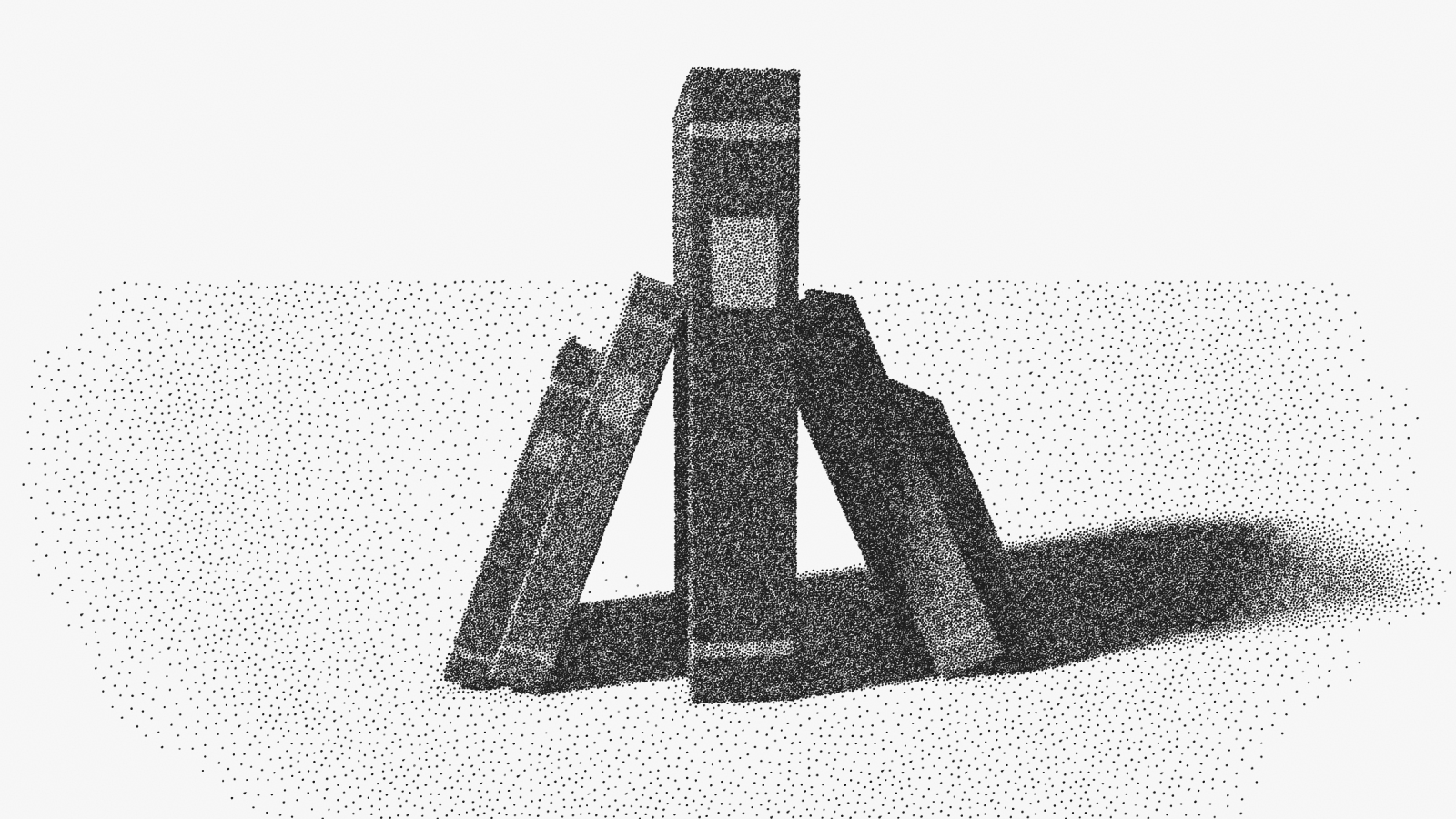 A tall book standing upright with four smaller books leaning against it from either side.