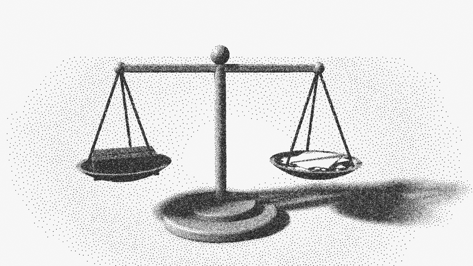 A brass balance scale with a bound book in one pan and a loose heap of paper leaves in the other, the beam held level.