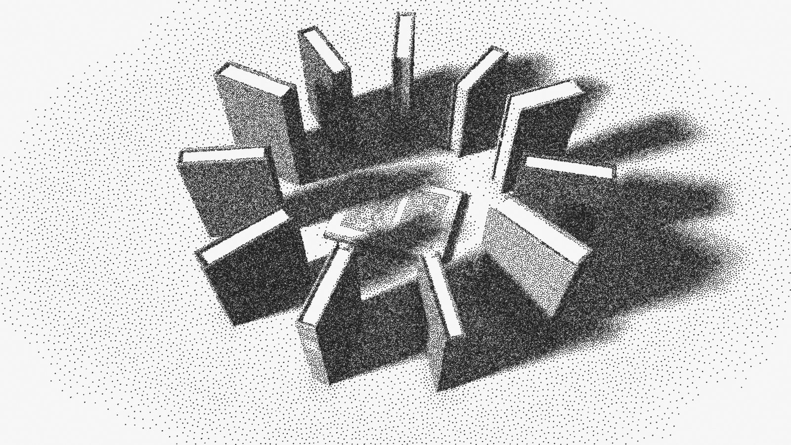 Eleven books standing upright in a ring, and in the middle of the ring one book lying open.