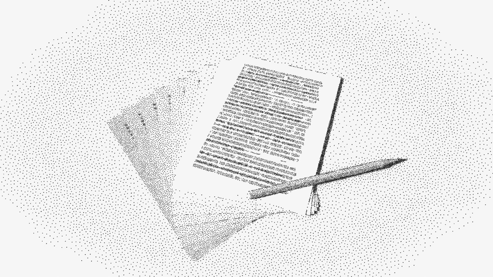 Nine drafts fanned out one over another so every edge shows; lines on the top sheet are struck through but still legible; a pencil lies beside them.