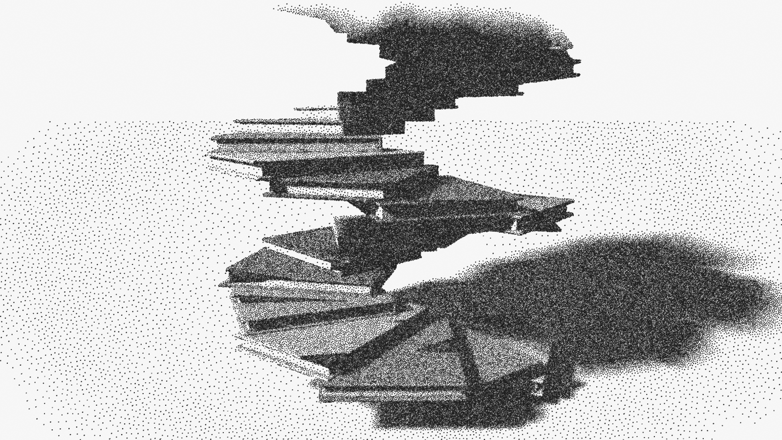 Books stacked in a slowly turning spiral, each a step round from the one below, the column rising out of the top of the picture.