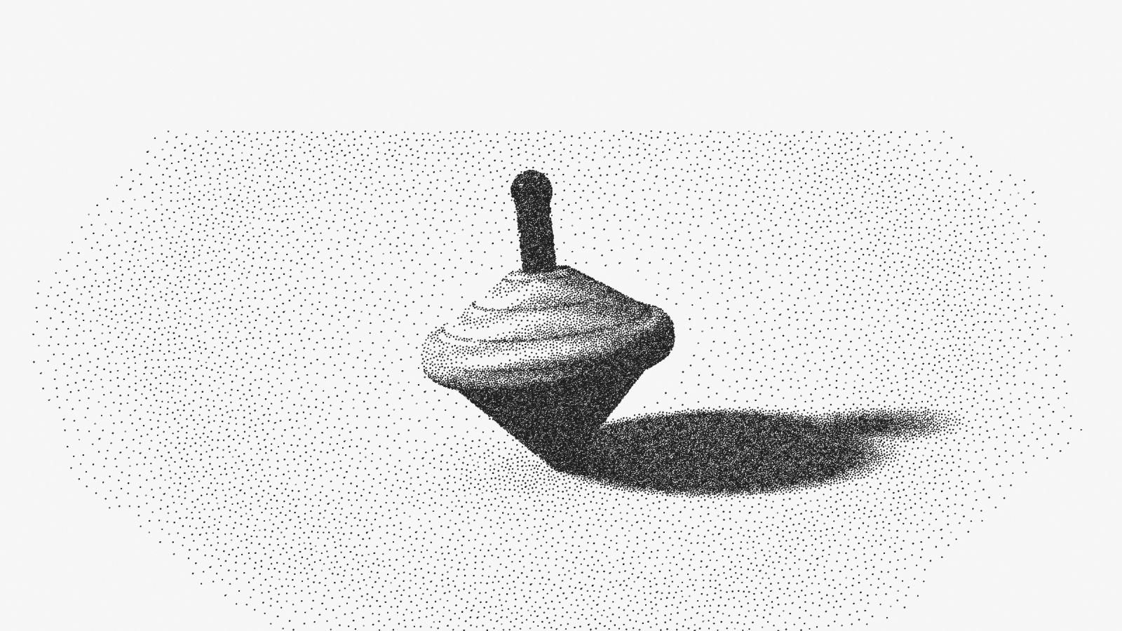 A turned wooden spinning top balanced upright on its point on the table, its short shadow beneath it.